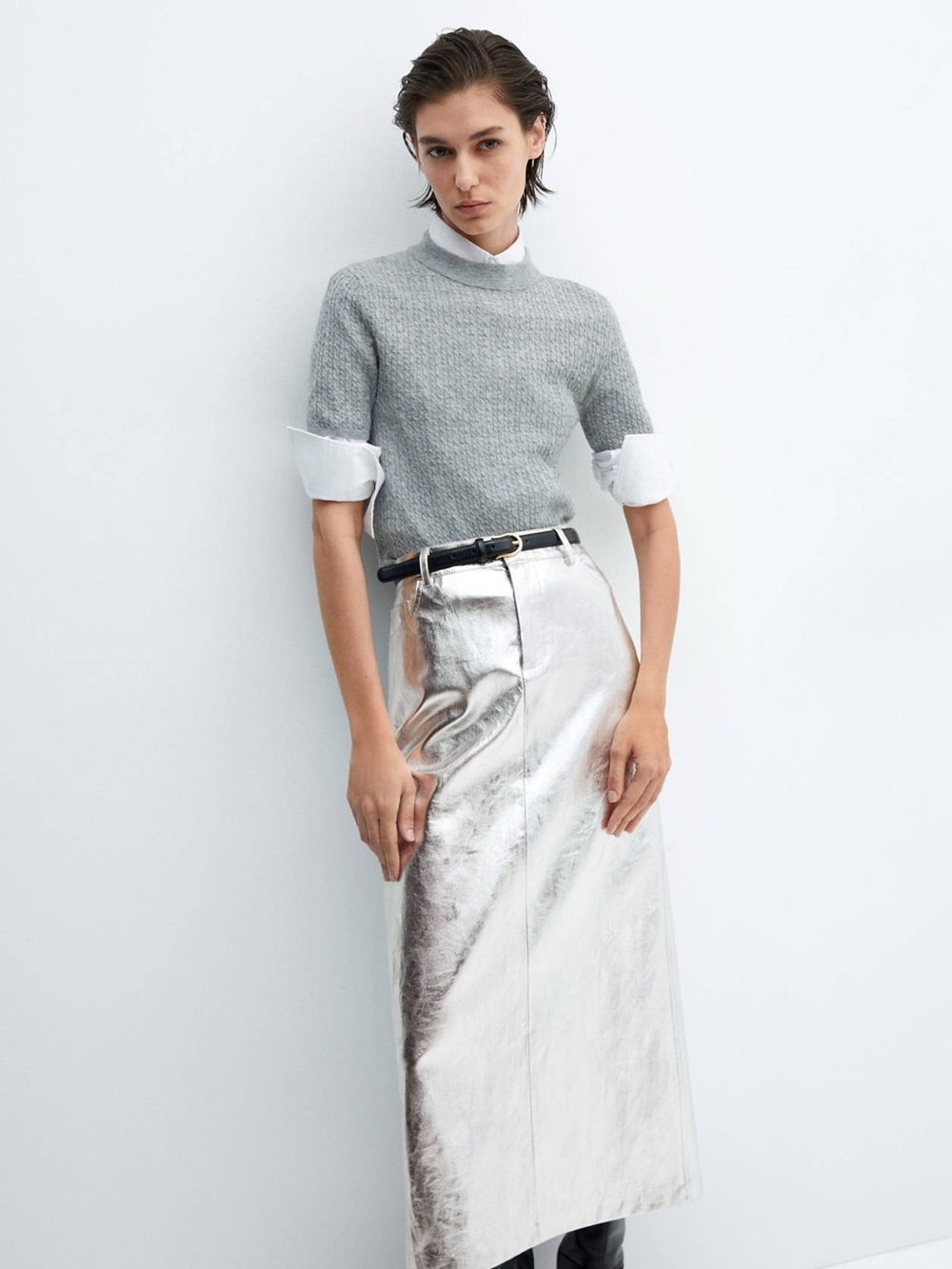 NWT MANGO Silver Metallic Leather Effect Straight Midi Skirt High Rise 38
